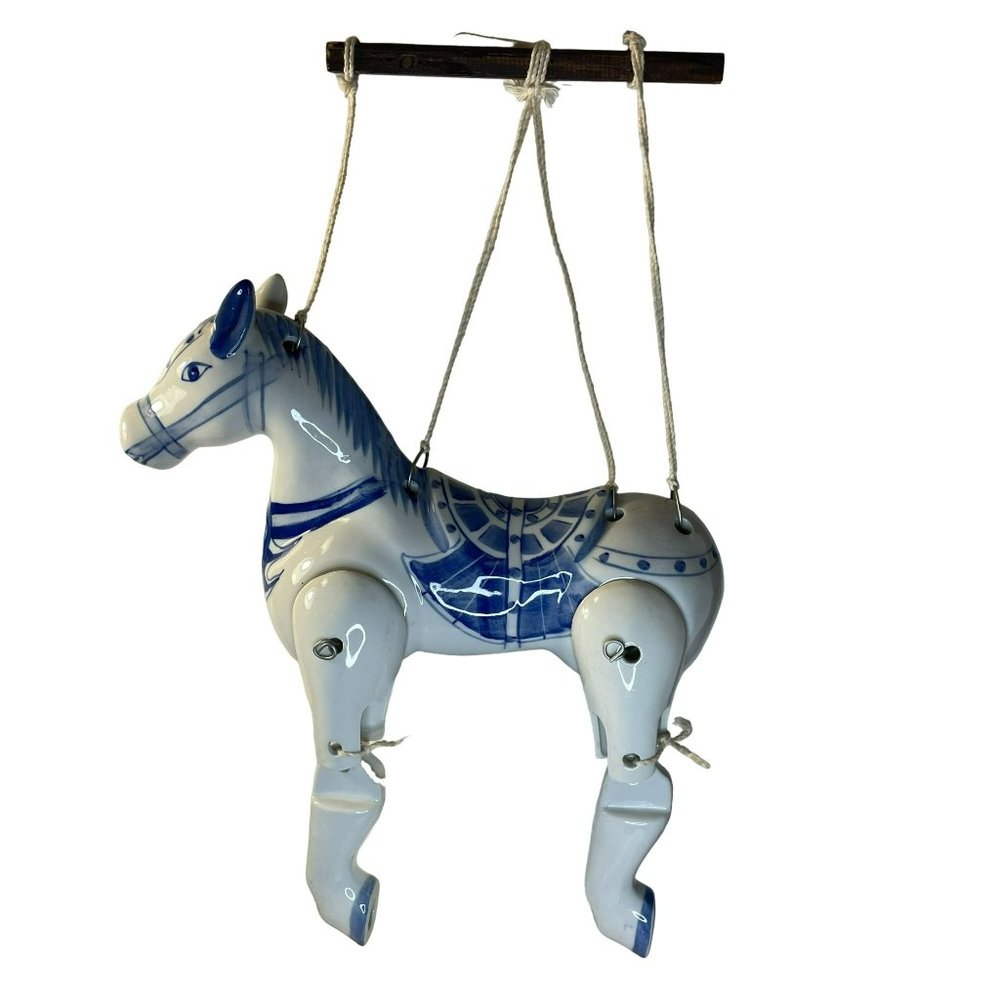 Vintage Handpainted Ceramic Articulated Horse Marionette Puppet White Blue